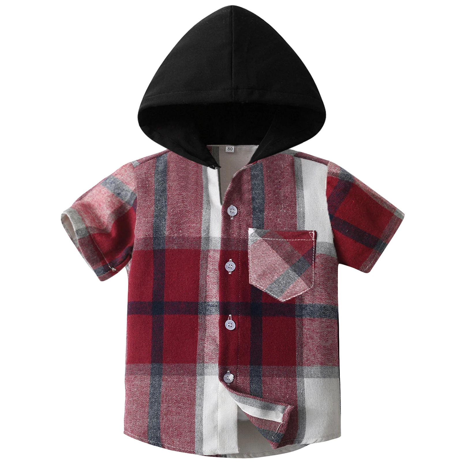 

Children's Checked Shirt with Hoodie Short Sleeve Boys Plaid Jacket Button-Down Kids Coat Tartan Casual Summer Cotton Blouse