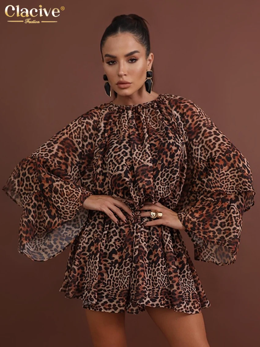 

Clacive Fashion Loose Leopard Print Women's Dress 2025 Casual O-Neck Long Sleeve Mini Dress Elegant Classic Pleated Female Dress
