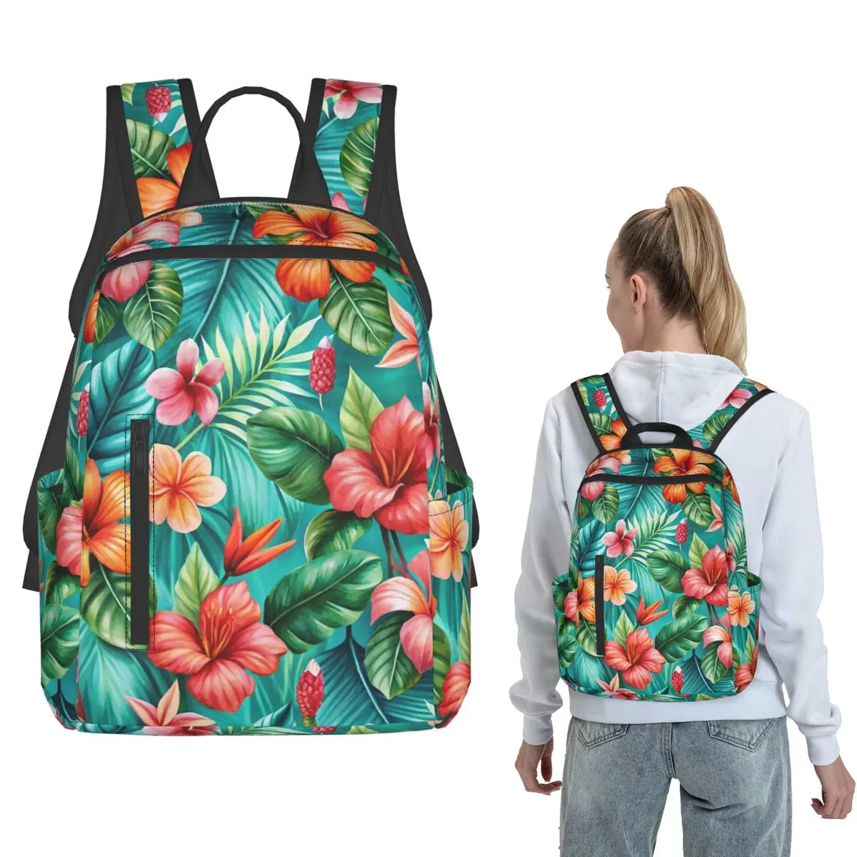 Tropical Hibiscus And Palm Leaf Backpack Daypack Boys Girls BookBag School Bag Shoulder Bags for Men Women