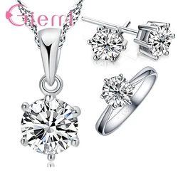 Wedding Jewelry Sets Pure 925 Sterling Silver Stud Earrings Pendant Necklace Finger Ring Set for Women AAA Cubic Zircon