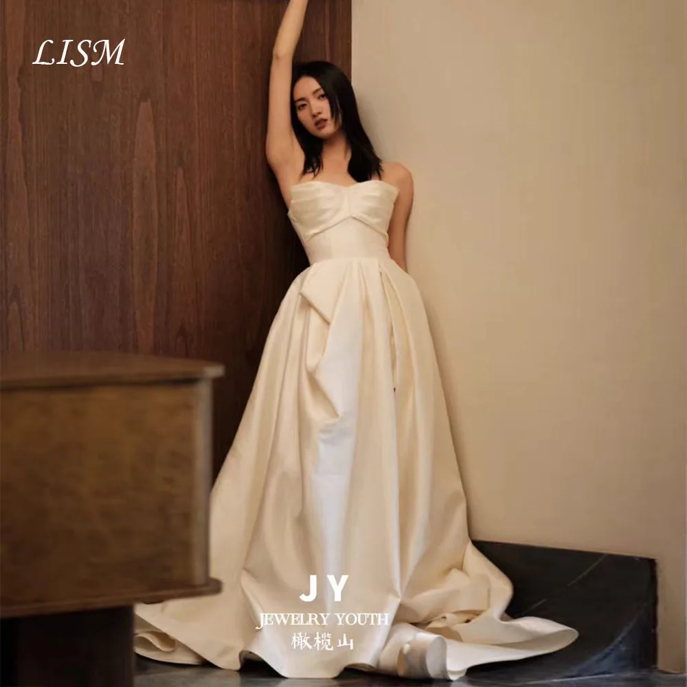 

Lism Elegant Wedding Dress Bow Sweetheart Side Slit Draped Ivory Satin 웨딩드레스 Photo Shoot 2026 Customized Bridal Reception Gown