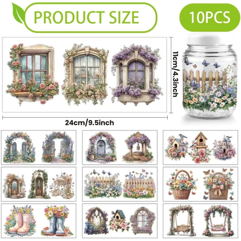 10 Pcs Vintage Courtyard Flowers-Cup Printing UV Transfer Papers Waterproof Colorful Wooden Stump Swing with Flowers