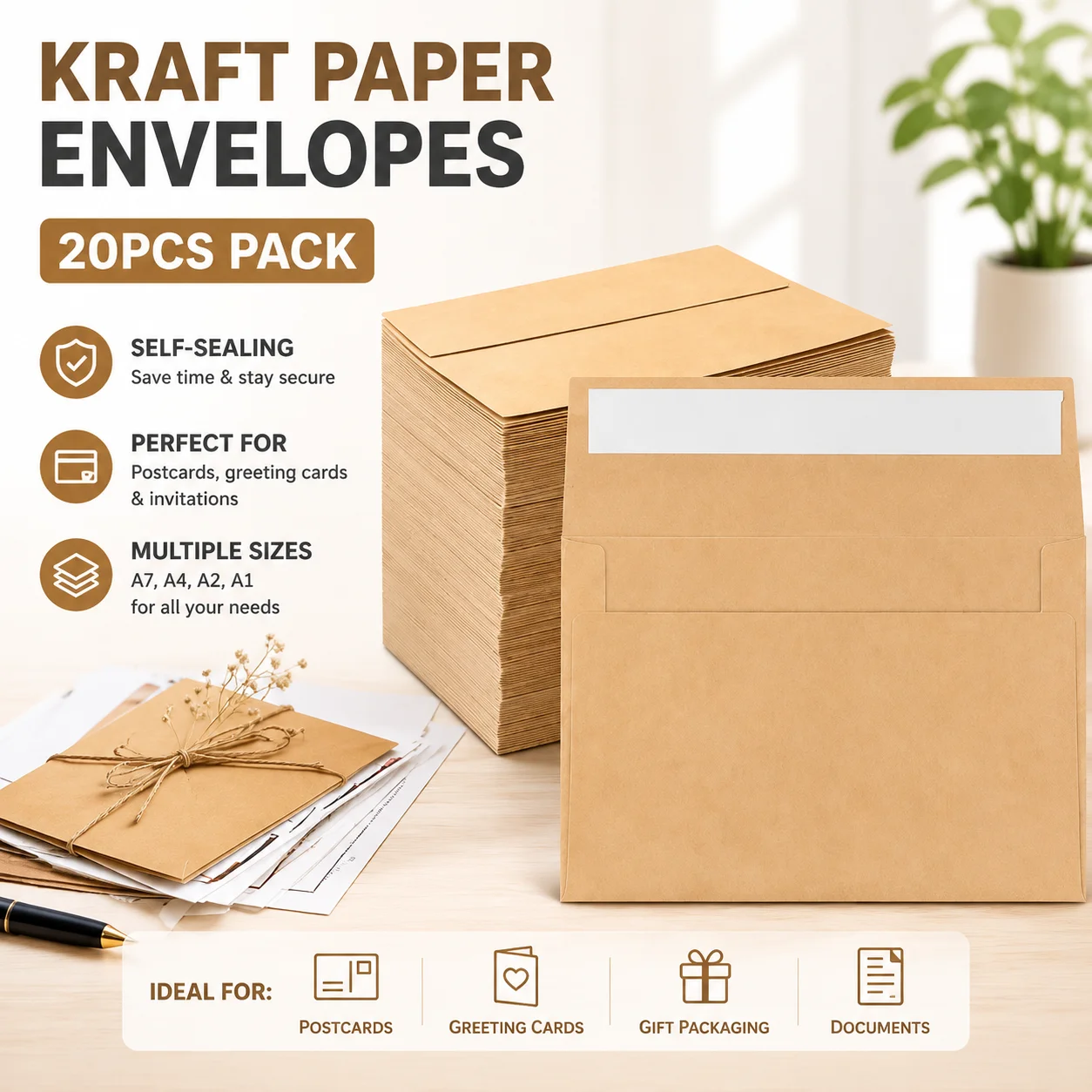 Kraft Paper Envelopes Self-Sealing, 20pcs Pack for Postcards Greeting Cards Gift Packaging, A7 A4 A2 A1 Sizes