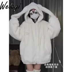 Jirai Kei Rabbit Ears Furry Winter Hooded Coat Women's Cute Mid-length Lamb Wool Coats Loose Plush Thickened Cotton Clothes