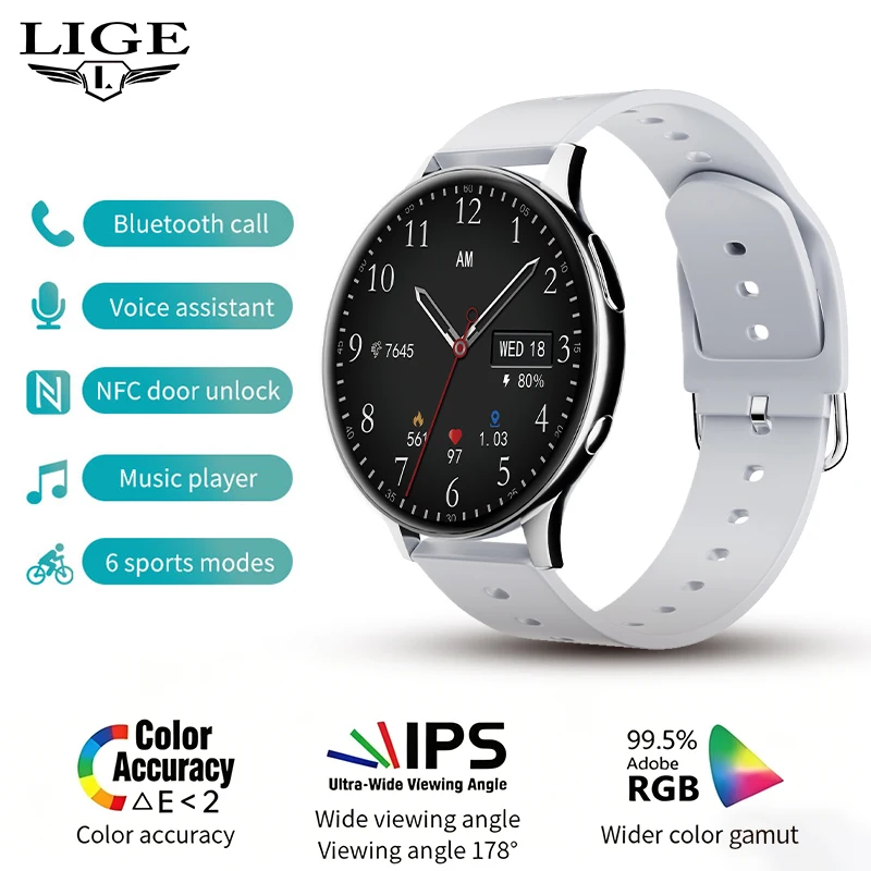 

LIGE Men Smartwatch Heart Rate Monitor NFC Door Unlock Bluetooth Call Music Voice Assistant Smart Watches Compatible Android iOS