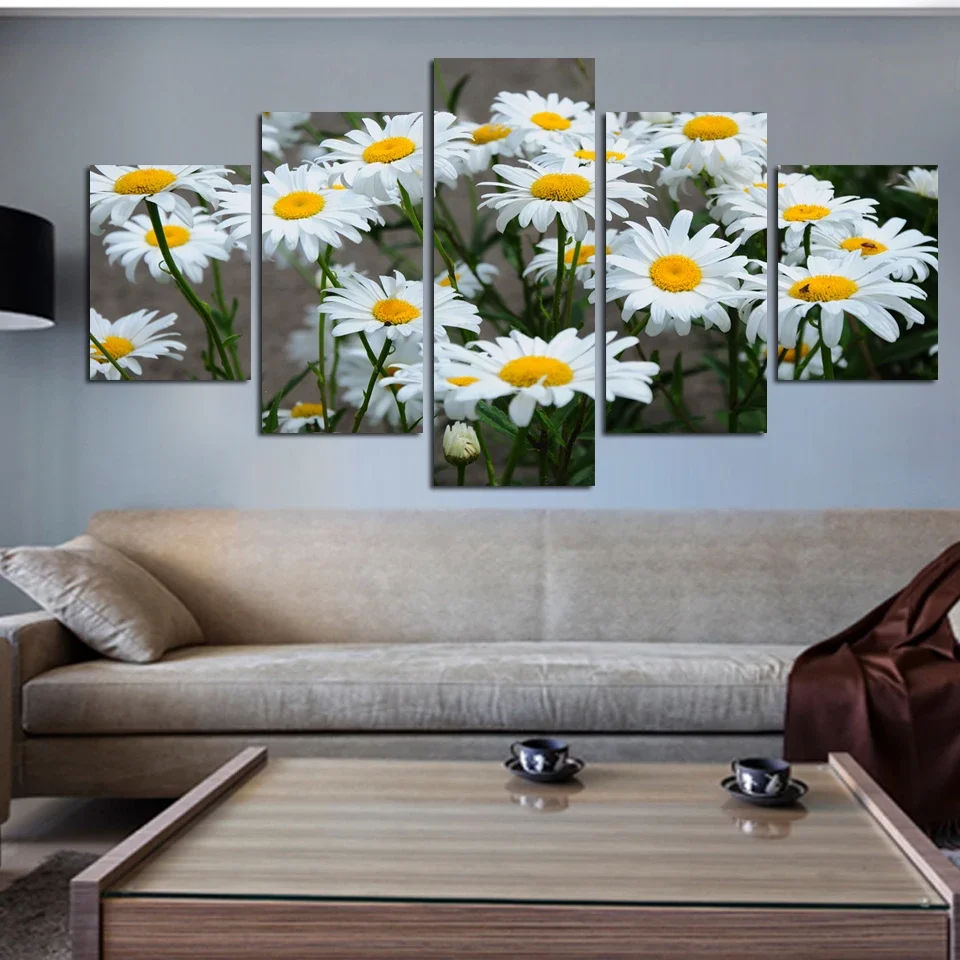 5Panel White Daisy Flowers Paintings HD Print Posters Canvas Wall Art Pictures Accessories Decoration Living Room Home Decor