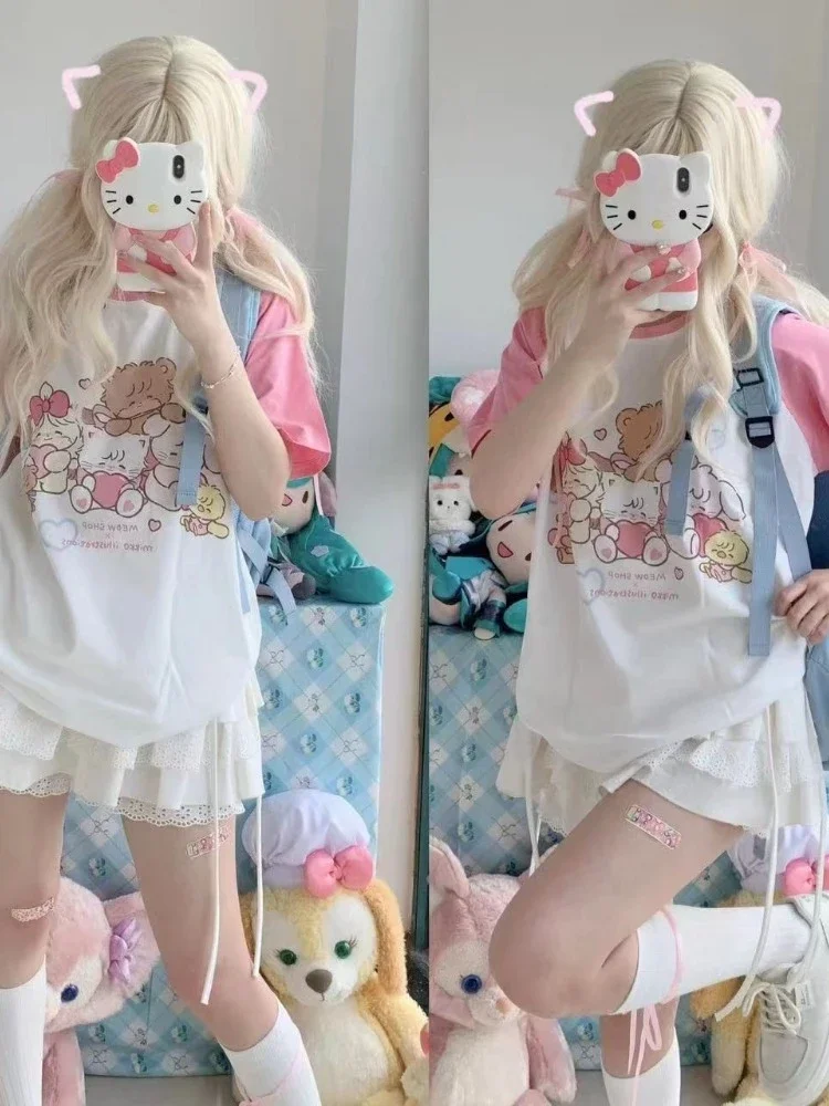 HOUZHOU Kawaii pot patchworkowe koszulki damskie japońska moda styl Preppy Y2k Harajuku nadruk kreskówkowy luźne t-shirty miękki Gril 2023