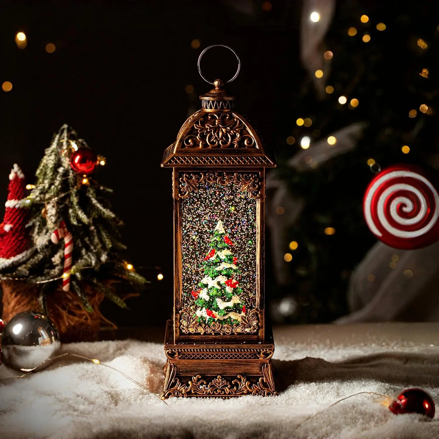 Rotating Christmas Tree Snow Globes with Cardinal, Musical Water Glitter Lantern, Holiday Decorations and Gifts for Family, Children or Friends, Battery Operated or USB Powered