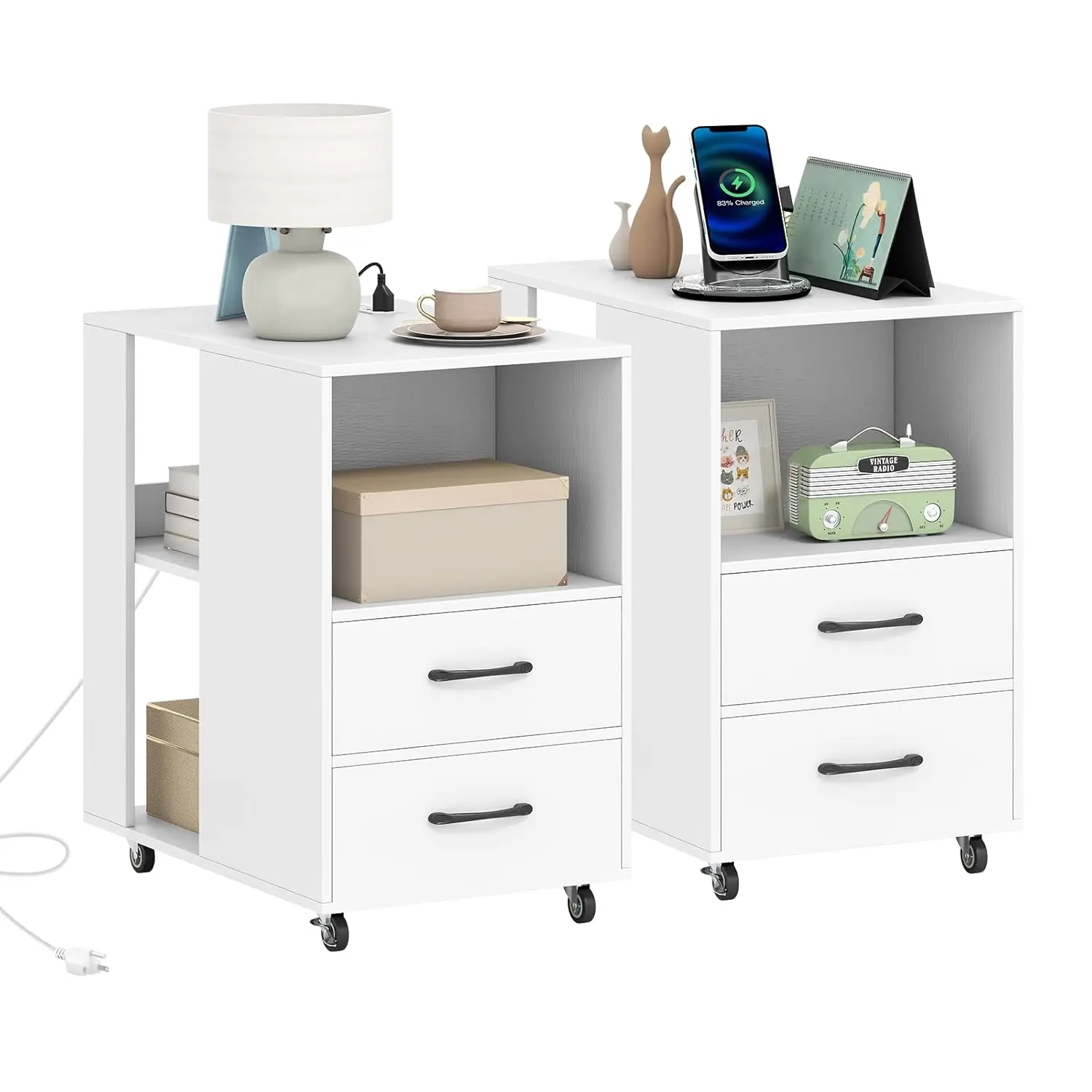 End Table With Charging Station Set 2, Night Stand On Wheels, Sofa Side Bedside Table W/USB & Type-C Port, Outlets,, Customized