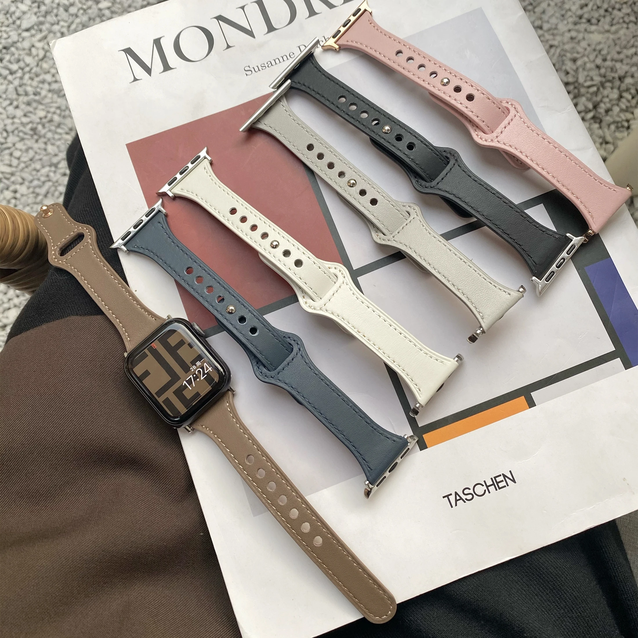 Schlanke Lederbänder, kompatibel mit Apple Watch Band 49 mm, dünne Damen- und Herrenarmbänder für IWatch-Serie 9/8/7/6/5/4/3/2/1 SE
