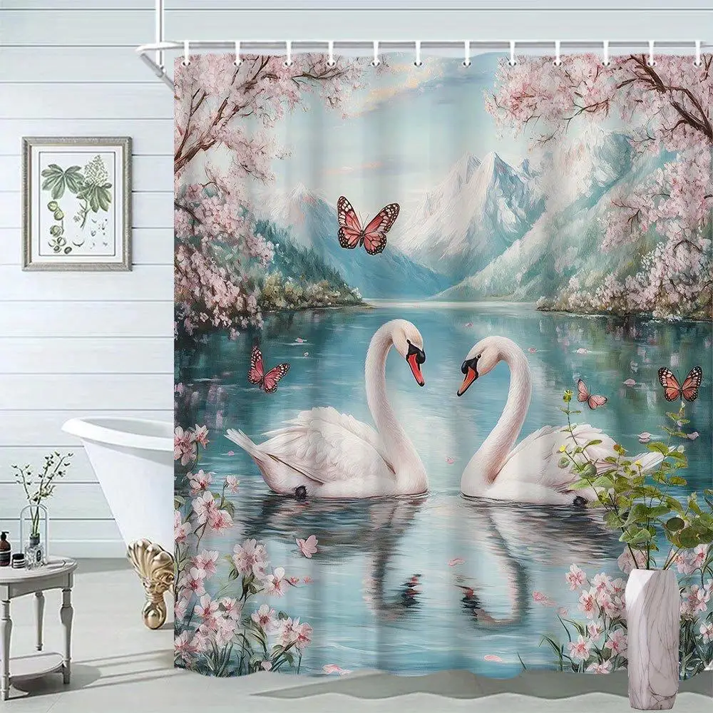 

Luxurious Swan Floral Landscape Shower Curtain Spring Nature Decor Print Waterproof Bathroom Curtain Liner