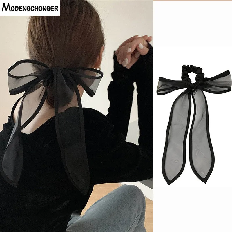 2022Fashion Premium Black Headband Crape Hemming Bow Hair Rope Hair Scrunchie For Women Hair Tie Ribbon Headwear Hair Accessorie