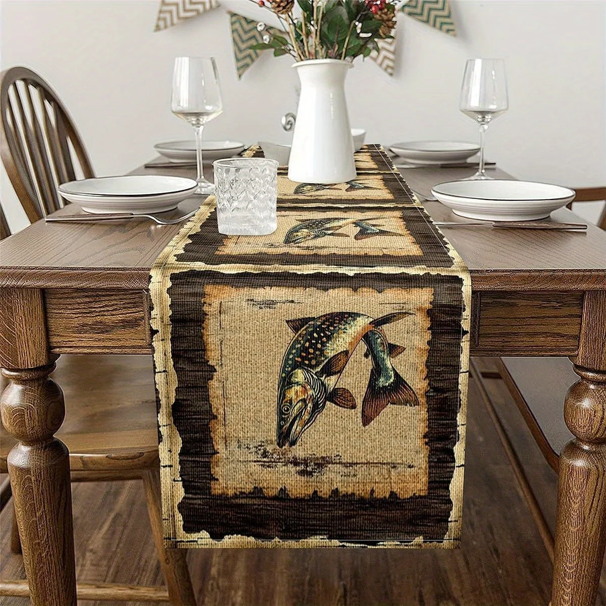 1 Piece of Bass Fish Table Runner, Suitable for Farmhouse, Indoor, Kitchen, Celebrations, Table Decoration, Restaurant and Banquet Decoration Supplies