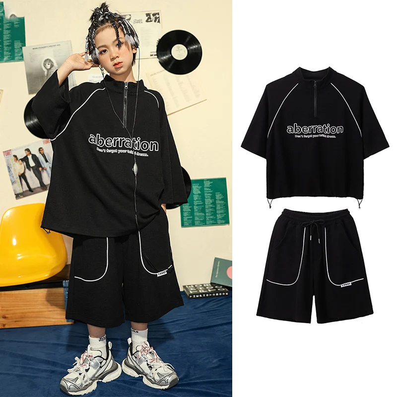 

Black Hip Hop Dance Clothes Loose Tops Pants Sets Children Summer Tracksuit Boys Street Dance Costume K-pop Outfit DL10618