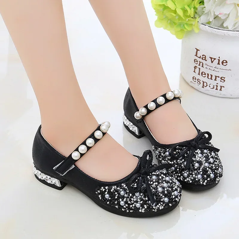 2024 Fashion Children Princess Leather Shoes for Girls Crystal Summer Party Wedding Performance Soft Sweet Pearl Single Shoes