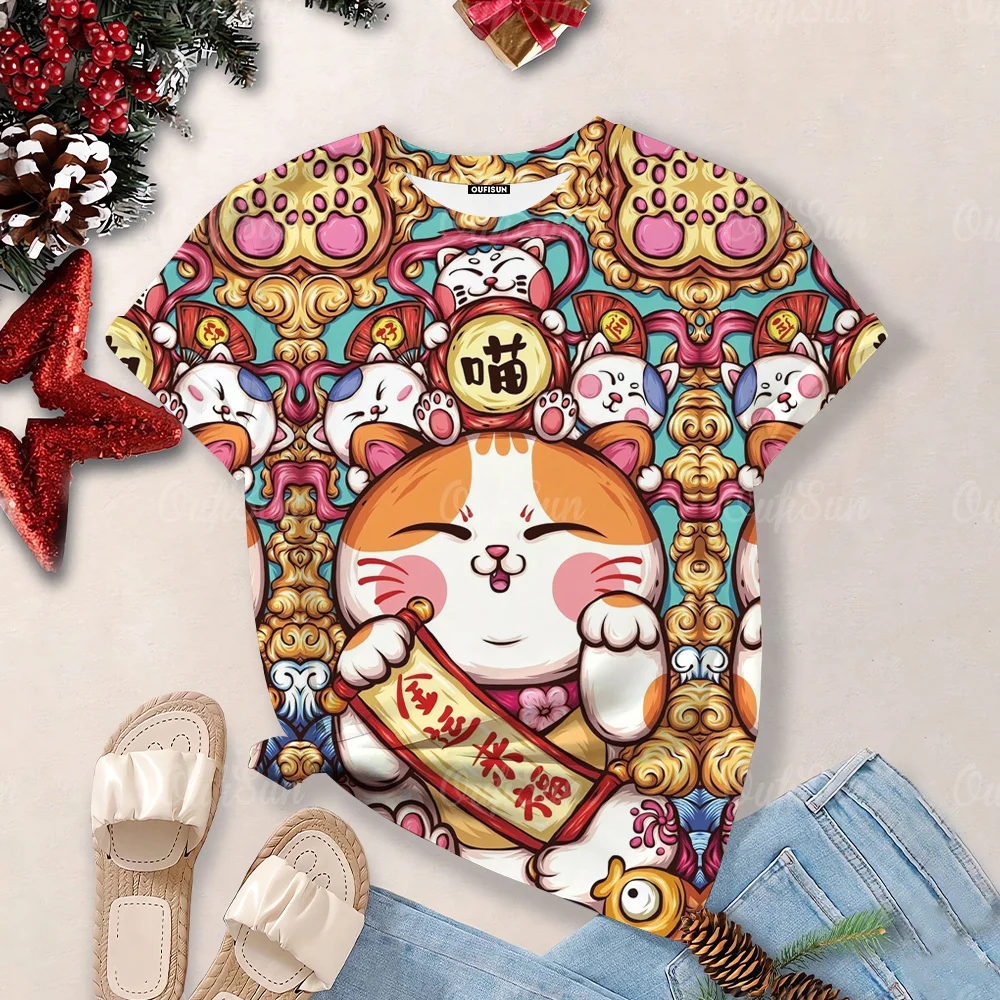 Lucky Cat Print Summer Women\'s T-Shirts Fashion Casual T-Shirt Clothes Women Short Sleeve Funny Cartoon Oversized T-Shirts 2024