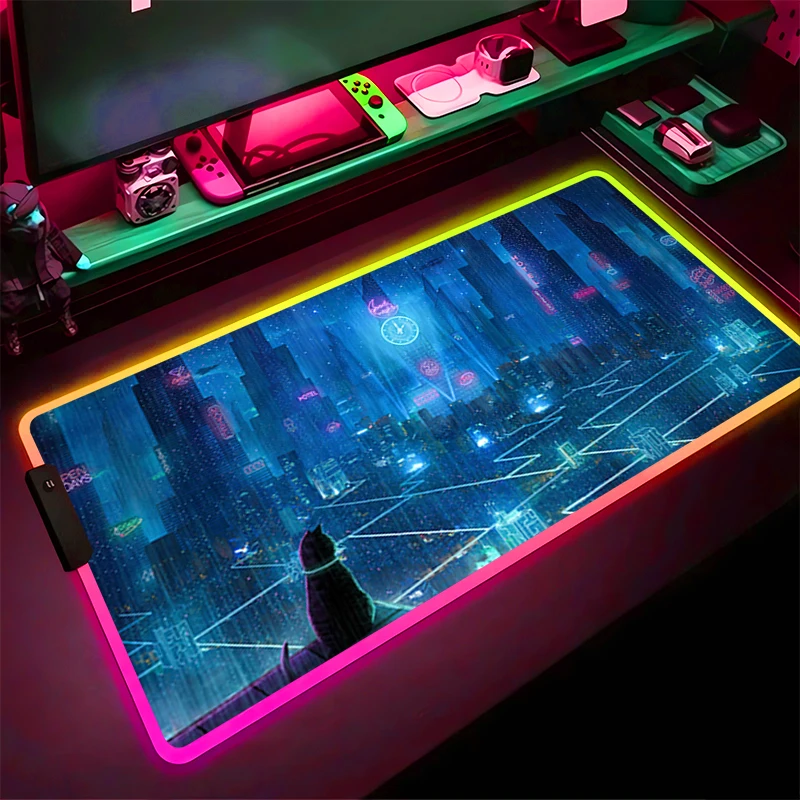 RGB LED Mouse Pad Computer Gamer PC Accessories Mousepad HD Rubber Extended Pad Non Slip Desk Mat Laptop Clouds Cat Keyboard Pad