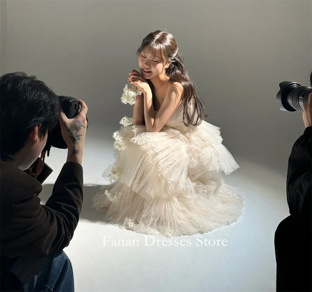 FANAN O ネック韓国 A ラインのウェディングドレス 웨딩드레스 ポルカチュール アイボリー レースアップ ティアード カスタマイズされたかわいい花嫁ドレス プラスサイズ