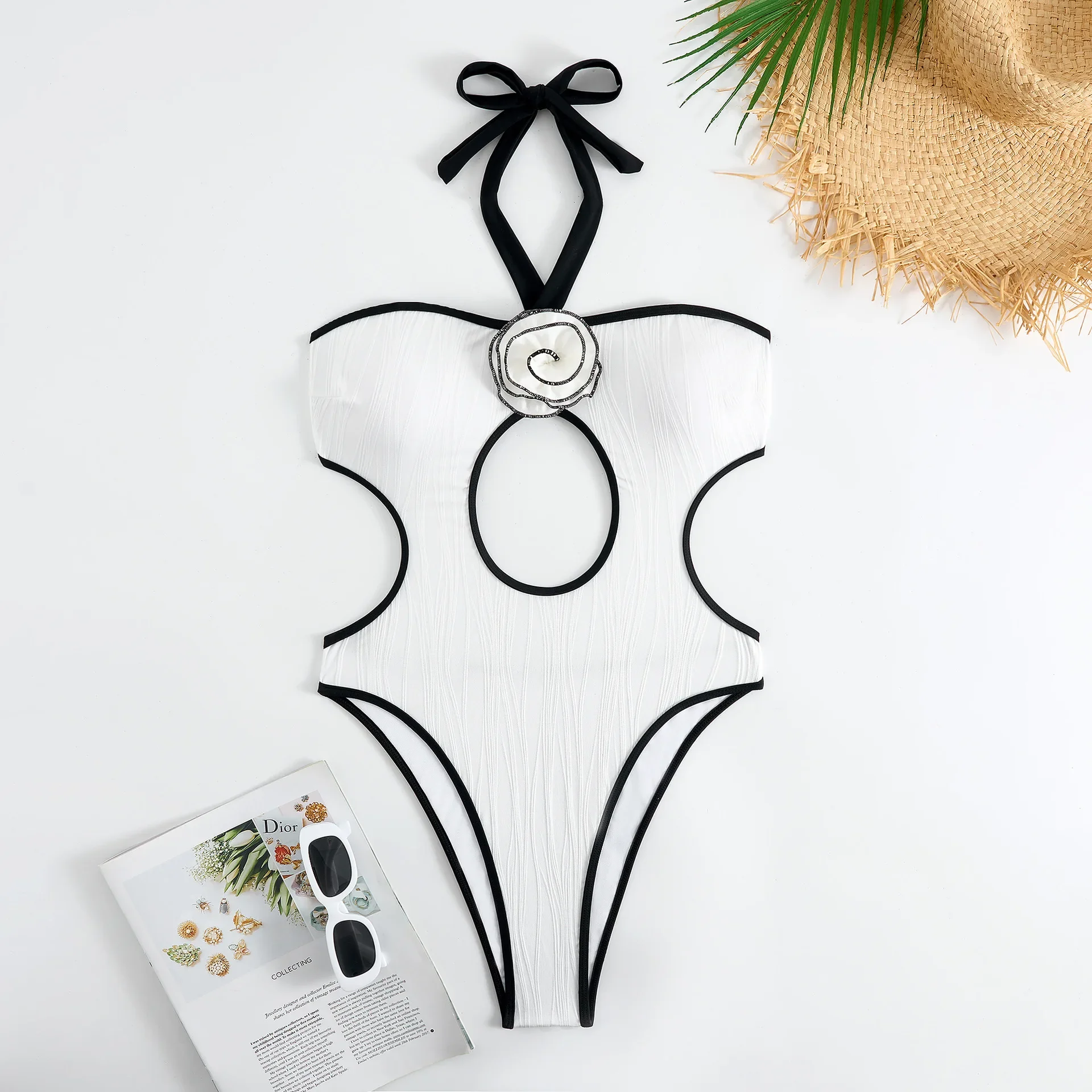 

sexy 3d flower white black patchwork swimsuit one piece halter tie hollow bikinis swimwear bodysuits women biquini bathing suits