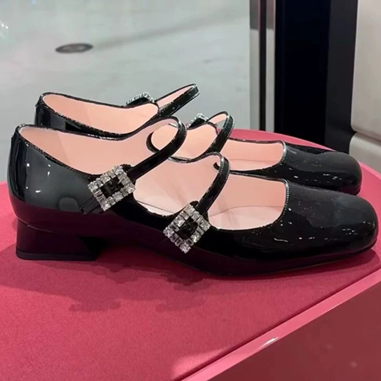 Women Romantic Lazy Chunky Heel Mary Jane Square-toe High-heeled Shoes Elegant One-piece Patent Leather Office with Rhinestones