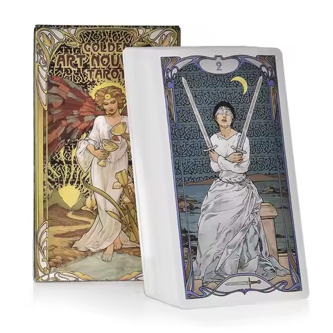 Golden Art Nouveau Tarot Deck 78 Cards with Guidebook Cards Occult Divination Book Sets for Beginners Classic Art Nouveau Style
