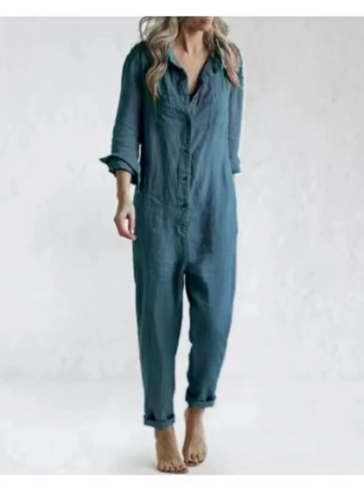 Cotton Linen Jumpsuits Women Vintage Overalls Single Breasted Button Long Sleeve Shirt Romper Solid Color Pockets Jumpsuit