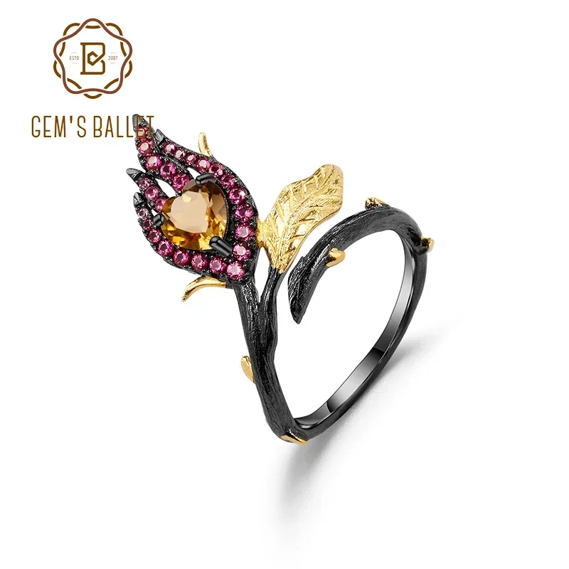 GEM'S BALLET Black&18k Gold Over 925 Silver Two Tone Handmade Heart Burnt in Love Natural Citrine Woman Adjustable Band Ring