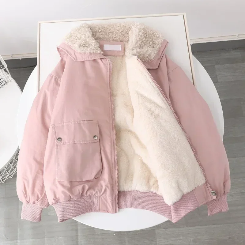 

Winter Thicken Warm Parkas Women Lining Fleece Loose Casual Multi Pocket Turn-down Collar Lamb Wool Korean Thick Padded Jacket