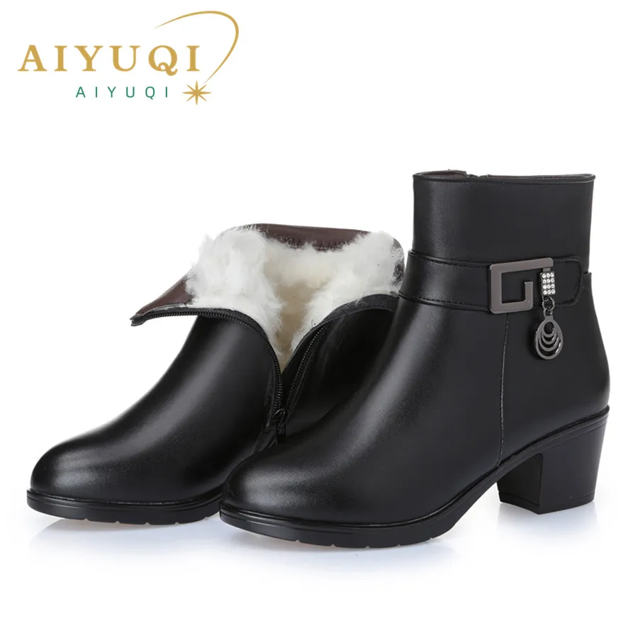 AIYUQI 2024 genuine leather Women\'s warm booties winter boots brown ladies heel boots adult fashion Villus boots