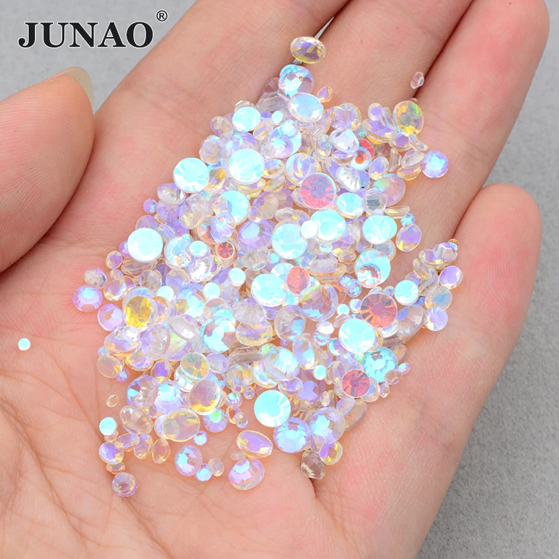 JUNAO 1400Pcs SS6 8 10 12 16 20 Aurora Green Mix Size Glass Rhinestones Round Crystal Stone Non Hotfix Strass For Nail Art DIY