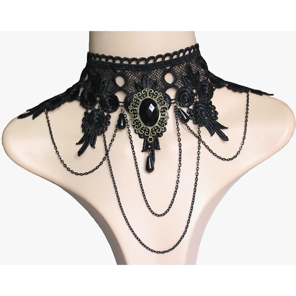 4pc Gothic Punk Teardrop Pendant Lace Bracelet Ring Set