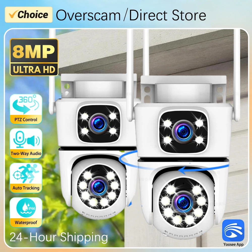 

8-мегапиксельная Wi-Fi камера видеонаблюдения с двумя объективами и двумя экранами, PTZ IP-камера, беспроводная, с автоматическим отслеживанием, цветным ночным видением, 4-мегапиксельная CCTV камера Yoosee