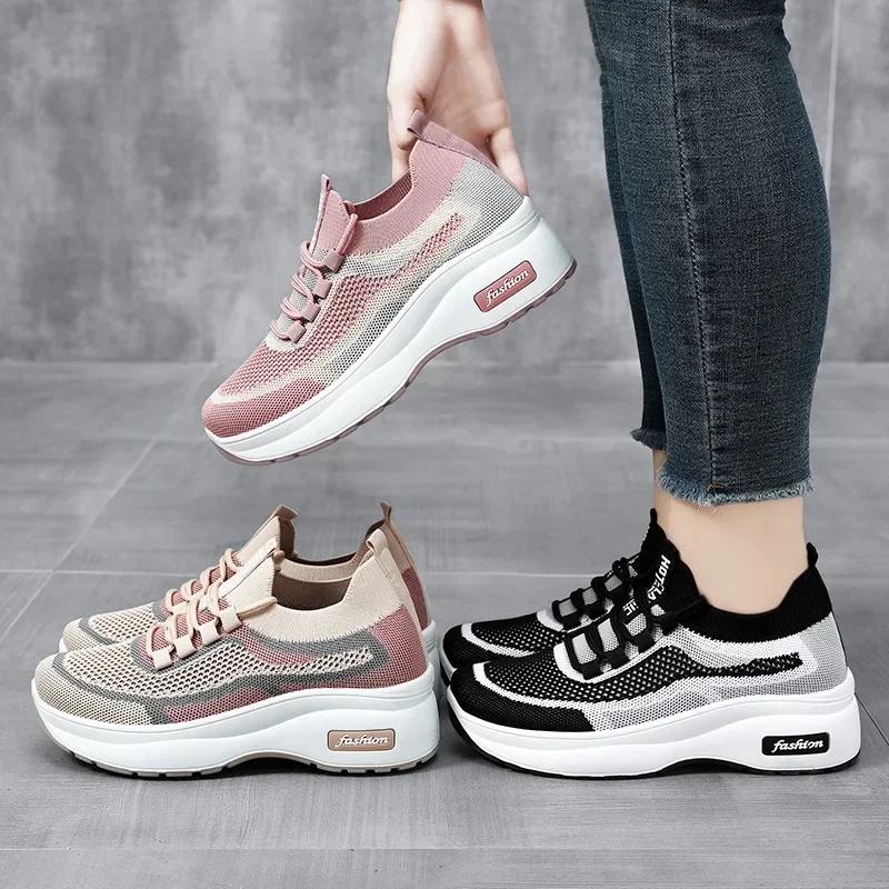 Women Fashion Mesh Platform Sneakers Breathable Lace Up Wedges Sneakers Autumn Soft Casual Travel Sports Running Shoes 2025