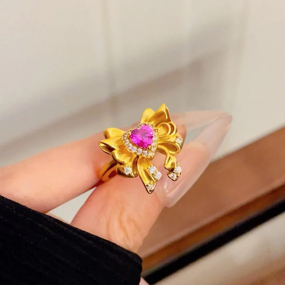 

Classic palace style bowknot heart-shaped rings for women exquisite light luxury frosted pink ring high-end wedding jewelry