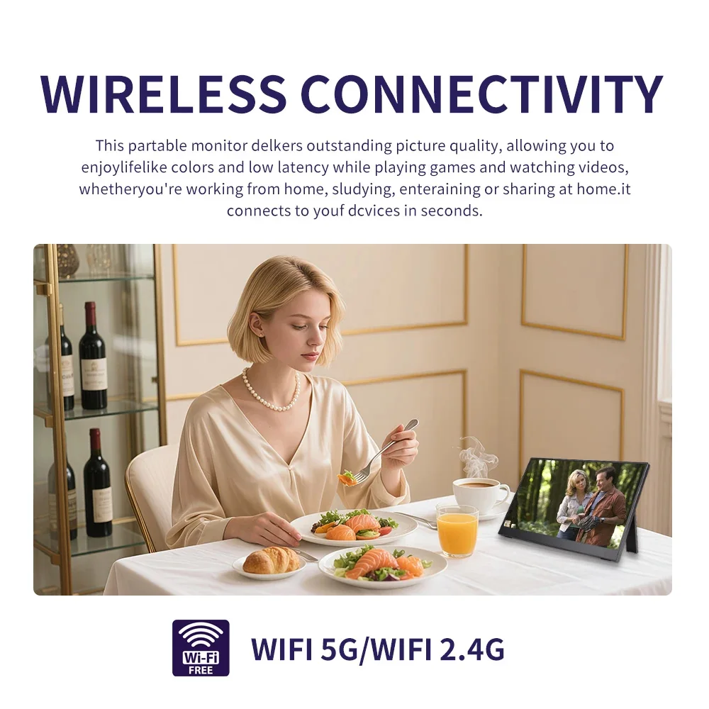 15.6 Inch WiFi Wireless Cast Portable Monitor Auto Rotation IPS Screen Type-C HDMI External Display for Laptop Smartphone Online