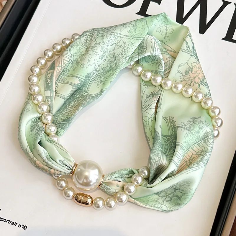 Summer Thin Pearl Necklace Style Magnetic Buckle Small Scarf with High-end Temperament Suitable for Pairing with Shirts