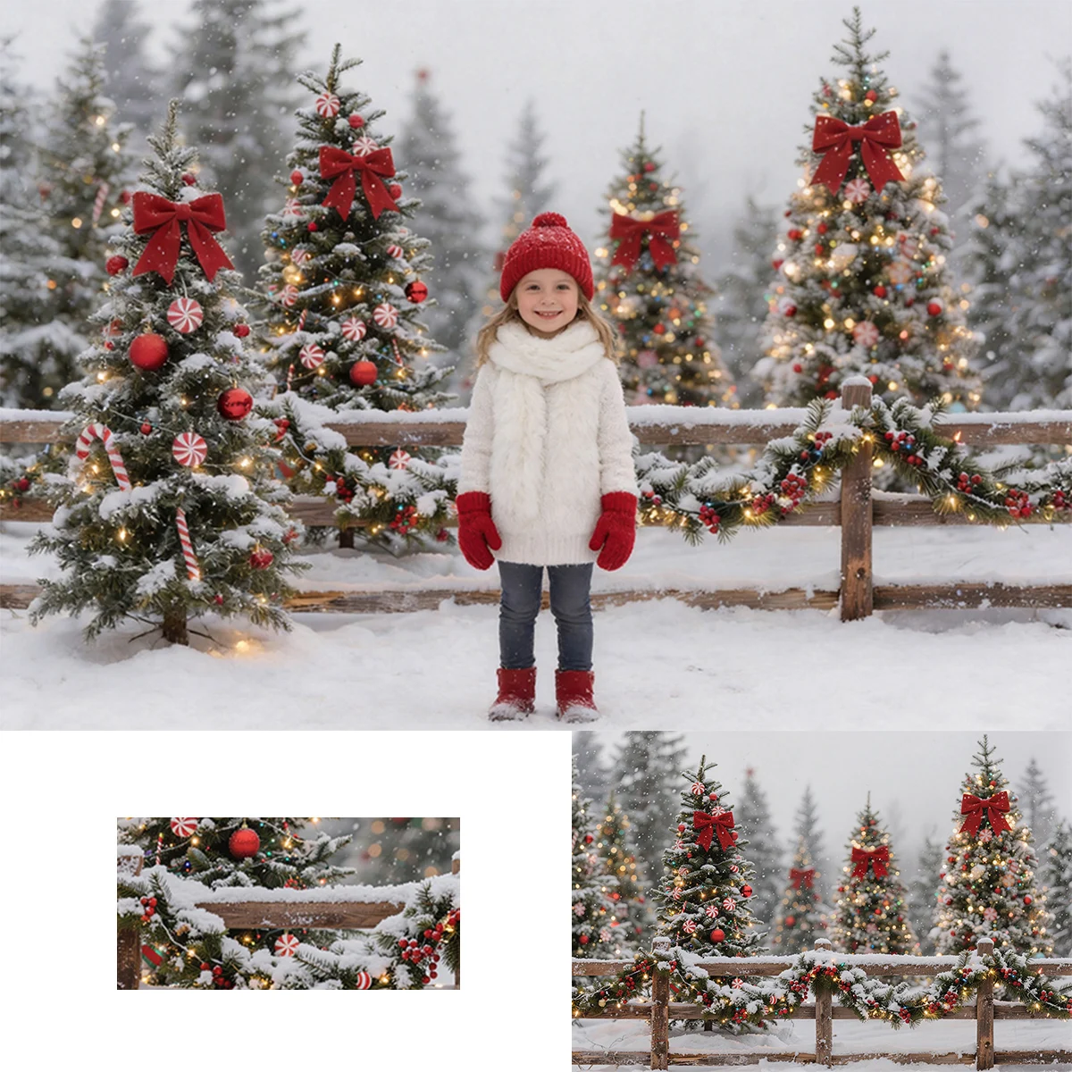 Xmas Winter Snowy Scene Decorated Xmas Trees With Red Bows Garland On Wooden Fence Photo Backdrops
