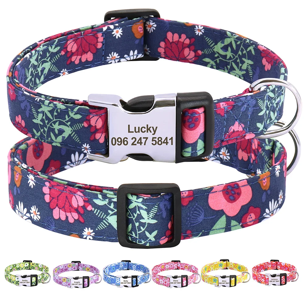 Floral Printed Custom Dog Collar Nylon Free Engraved Name ID Tag Pet Collar Personalized Dog Collars For Small Medium Dogs Cats
