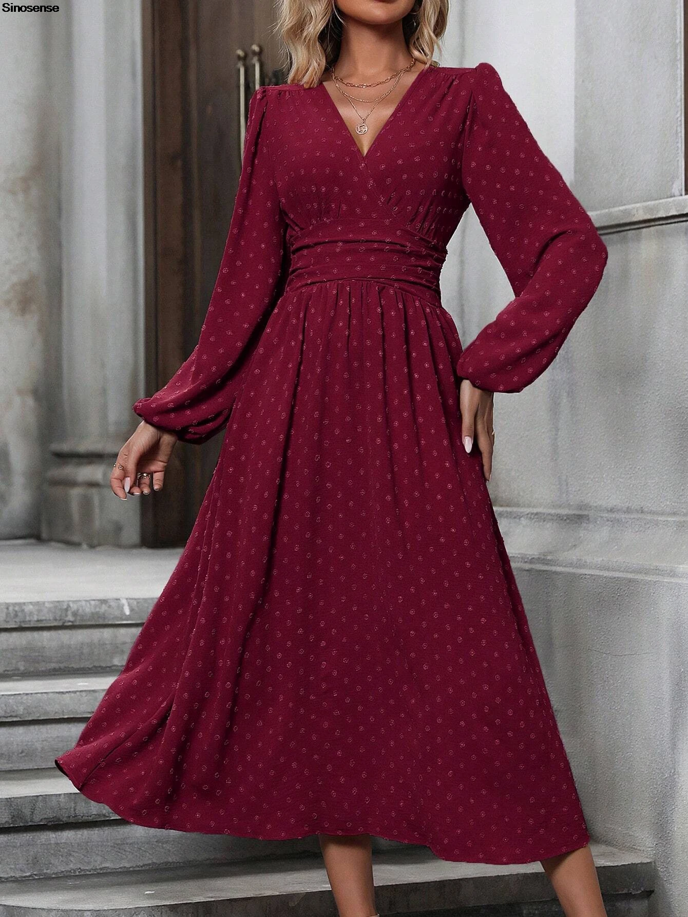 Abito lungo da donna autunno manica lunga scollo a V Swiss Dot Boho smock a vita alta abito lungo fluido a trapezio elegante abito da ospite di nozze