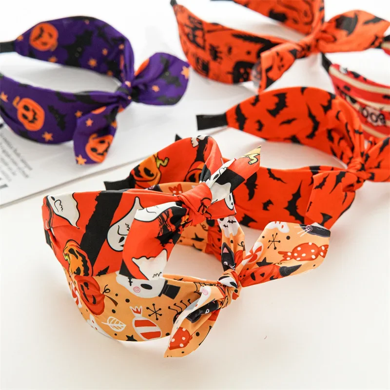 Chic halloween dos desenhos animados impressão pano coelho nó headbands para mulheres meninas festa férias acessórios de argola de cabelo