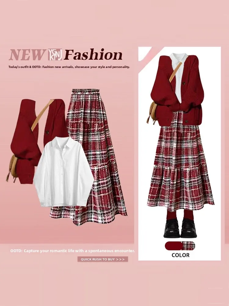 

Red Plaid irt And Coat Tee-Piece Set Women's Winter Anti-Aging Sle Korean Retro Design Casual Loose Fit round Ne Card...