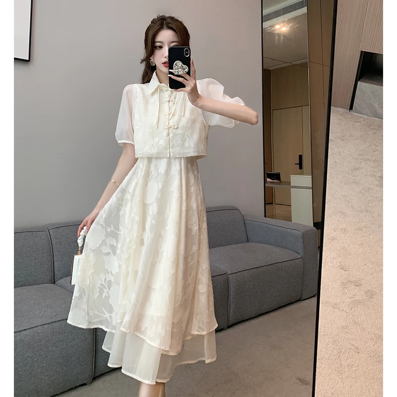 New Elegant Vintage Beige Print Dress Womens Two Piece Set Polo Collar Short Sleeve Sweet Cute Women's Clothing Summer 2024