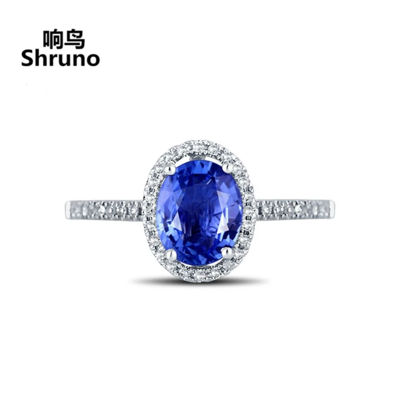 Shruno Solid 18K AU750 White Gold Oval Genuine Sapphires Ring For Women Real Natural Diamond Anniversary Trendy Design Jewelry