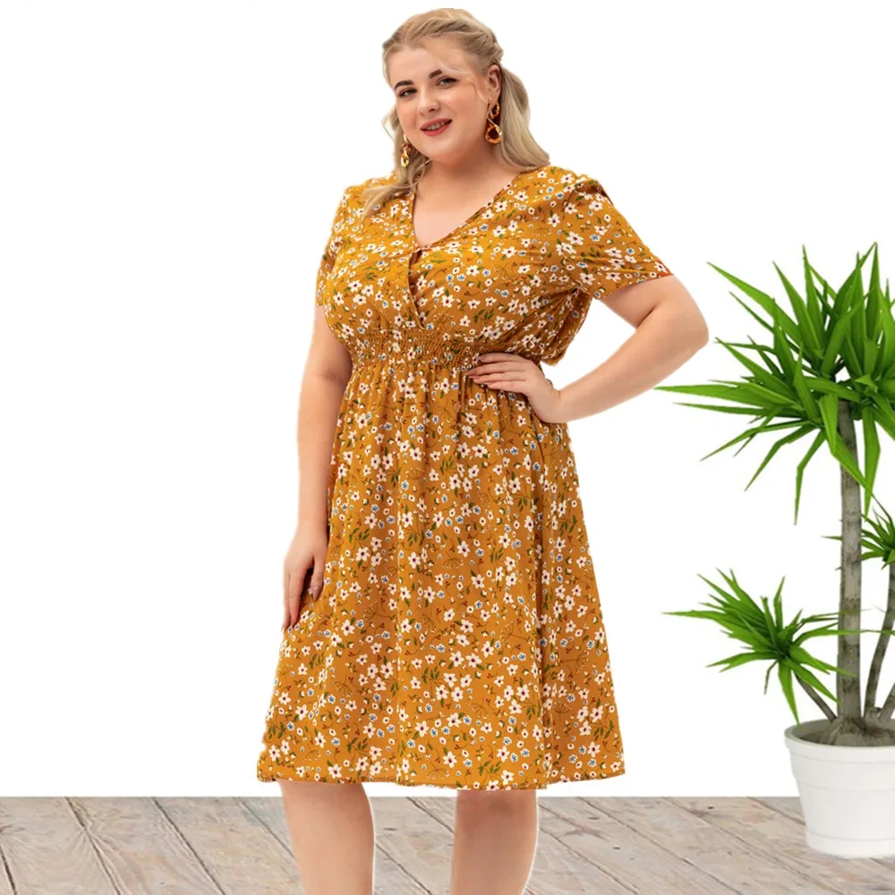 Plus Size New Arrival bestseller dekolt w szpic z krótkim rękawem Forlal nadruk letnie swobodne sukienki dla dużych kobiet