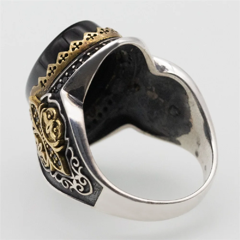 Wholesale Stylish Unique 925 Sterling Silver Ring Natural Black Stone Vintage Turkish Unisize Adjustable Silver Mens Ring