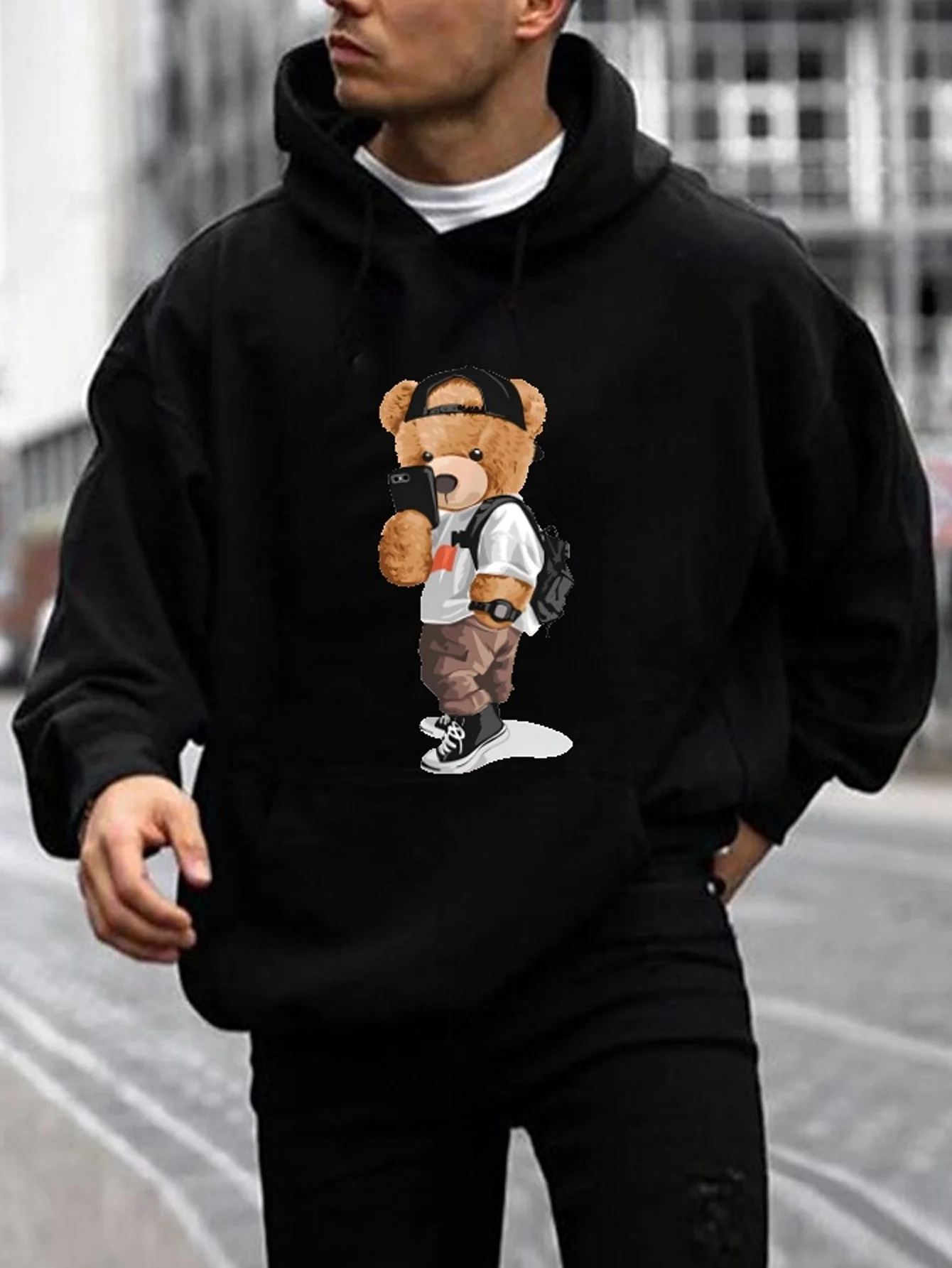 Stylish Teddy Bear Print Hoodie, Cool Hoodies For Men, Men\'s Casual Graphic Design Pullover Hooded