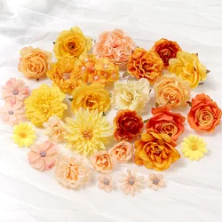 Orange Series Rose Artificial Flowers Heads Fake Flowers for Home Decor Party Marriage Wedding Decoration DIY Wreath Accessories
