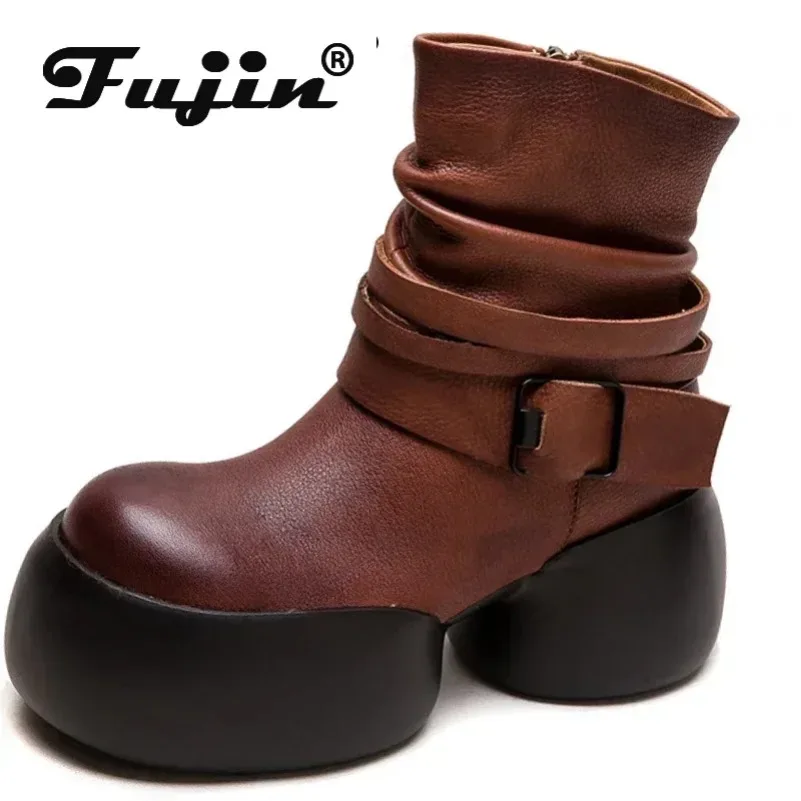 Fujin 6.5cm  Autumn Fashion Spring Boots ZIP  Moccasins Motorcycle Women Shoes Cow Genuine Leather Chimney Ladies Ankle Booties