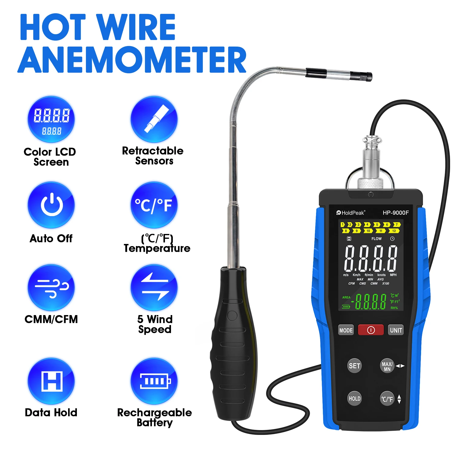 Digital Hot Wire Anemometer Wind Speed Meter 0.1-30m/s Air Flow Meter with Temp Gauge, CFM/CMM CMS, Max/Min Type-C LCD for HVAC