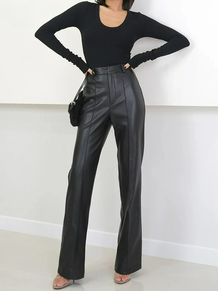 

Casual Elegant Black Soft Pu Leather Pants Spring Autumn Long with Zipper High Waist Straight Leg Trousers Streetwear Women